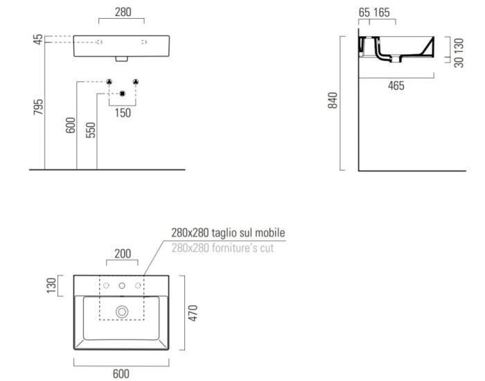 GSI Подвесная раковина 60х47х16 см, 1 отверстие для смесителя, с переливом, санфарфор, Kube-x - 9431111