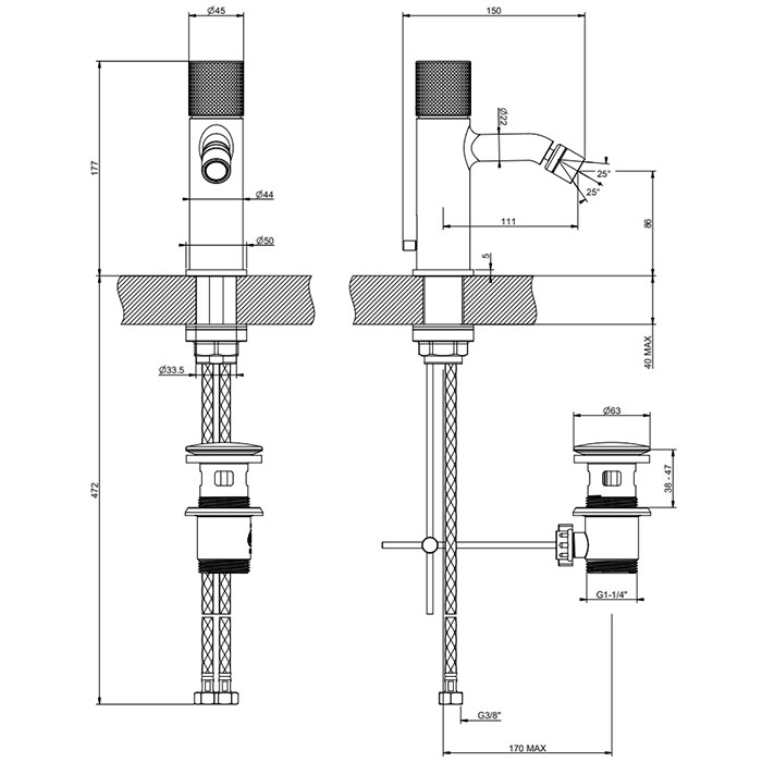 Gessi Смеситель для биде, 1 отв., с донным клапаном, Habito Cesello, 70407#706 цвет: black metal pvd