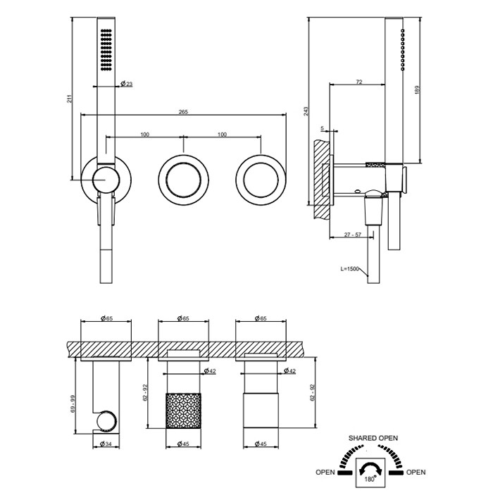 Gessi Смеситель для душа, настенный, с переключателем на 2 положения, с ручным душем, Habito Intreccio, 70138#706 цвет: black metal pvd