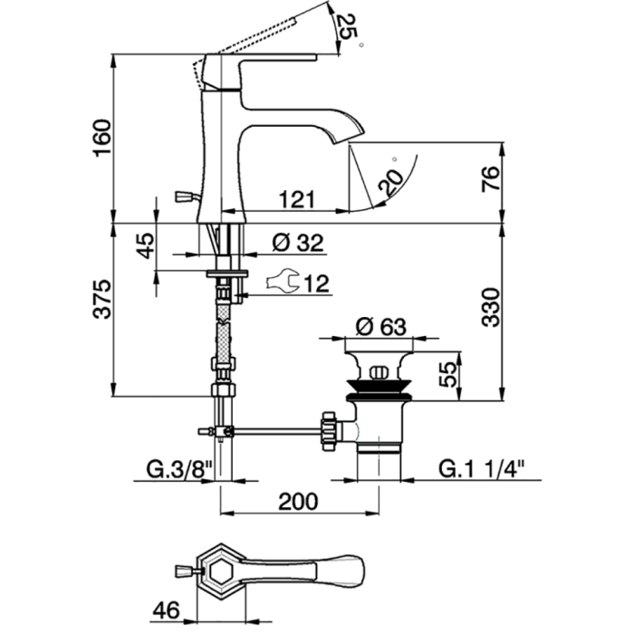 Cisal смеситель однорычажный для раковины на 1 отверстие с донным клапаном ch0005146t cherie, цвет: хром