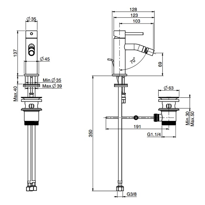 Fima Carlo Frattini смеситель для биде, на 1 отв., с донным клапаном, spillo up, черный арт. f3032xsns.1