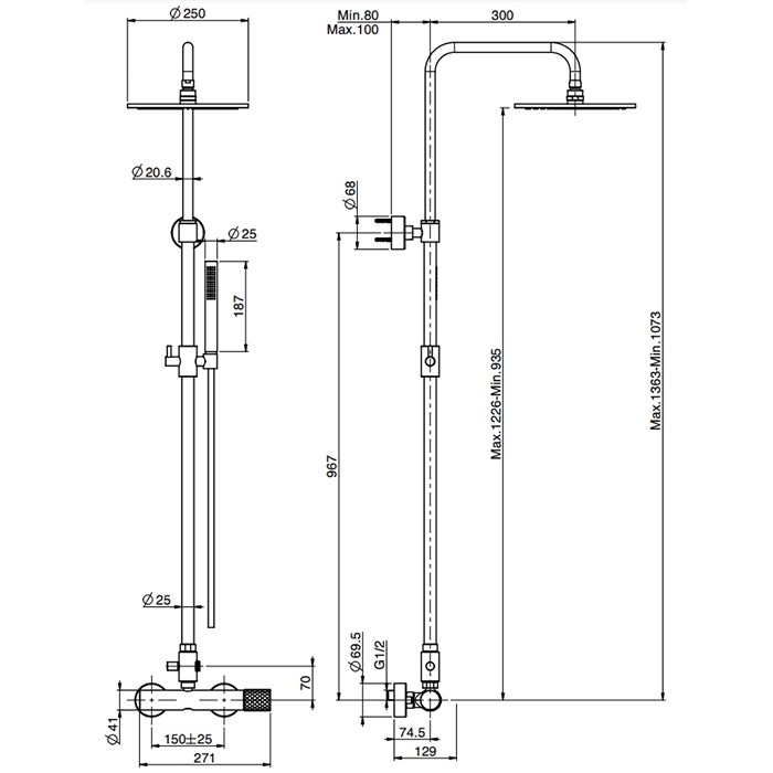 Fima Carlo Frattini душевая стойка, верхний душ 25см., со смесителем, с держателем и ручным душем colonne doccia, чёрный арт. f3035t/2xns