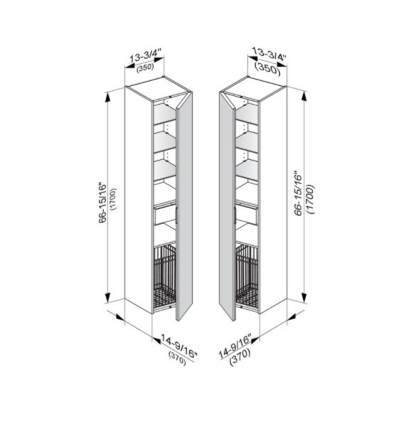 Keuco шкаф - пенал высокий подвесной петли справа, 3 стеклянные полки, с бельевой корзиной, edition 11, трюфель арт. 31331 370002