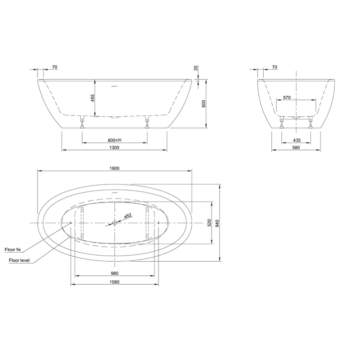 Knief ванна 190x95x60см., отдельностоящая, с щелевым переливом, Loom, 0100-288-06 цвет: белый