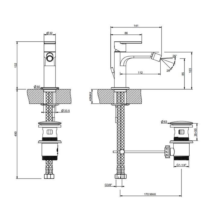 Gessi Смеситель для биде, на 1 отв, с донным клапаном, Emporio Via manzoni, 38608#299 цвет: black xl