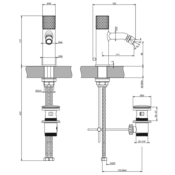 Gessi Смеситель для биде, 1 отв., с донным клапаном, Habito Intreccio, 70107#706 цвет: black metal pvd