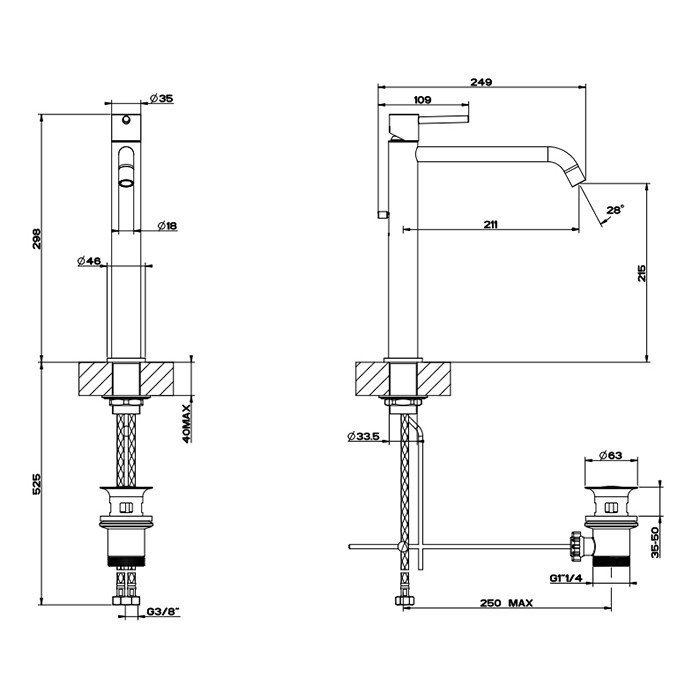 Gessi Смеситель для раковины, на 1 отв, высокий с длинным изливом, с донным клапаном, Emporio Via tortona, 18605#299 цвет: black xl