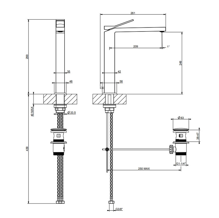 Gessi Смеситель для раковины высокий на 1 отверстие, однорычажный, с донным клапаном, RETTANGOLO, 53003#727 цвет: brushed brass pvd