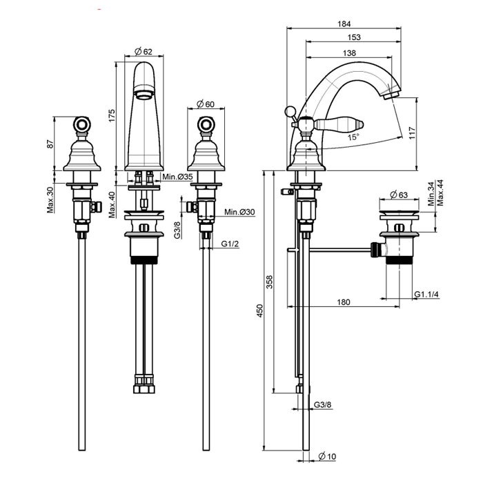 Fima Carlo Frattini смеситель на раковину на три отверстия, herend, бронза арт. f5421br