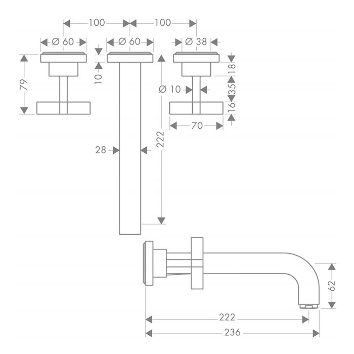 AXOR смеситель для раковины, на 3 отверстия, скрытого монтажа, с изливом 222 мм, с крестообразными рукоятками, с отдельными розетками, Citterio, хром арт. 39143000