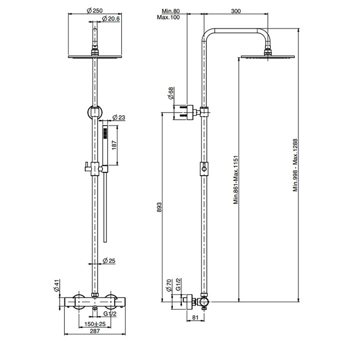 Fima Carlo Frattini душевая стойка, верхний душ 25см., с термостатическим смесителем, держателем и ручным душем colonne doccia, золото арт. f4285/r256or