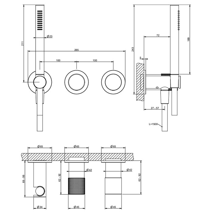 Gessi Смеситель для душа, настенный, с переключателем на 2 положения, с ручным душем, Habito Cesello, 70438#706 цвет: black metal pvd