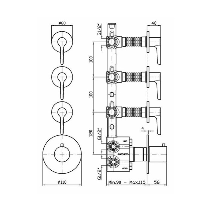 Zucchetti смеситель для душа, термостатический, встраиваемый, с переключателем на 3 потока, medameda, хром арт. zmm661