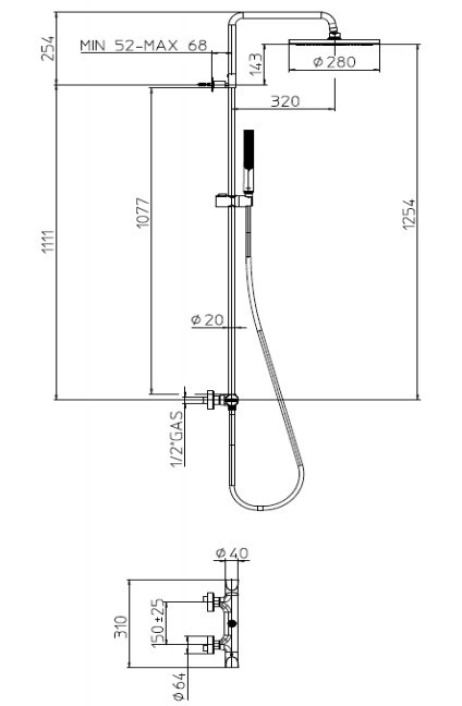 Bossini душевая колонна с однорычажным смесителем, верхним душем, ручным душем-палочкой, держателем и шлангом, apice, никель арт. l10508.094
