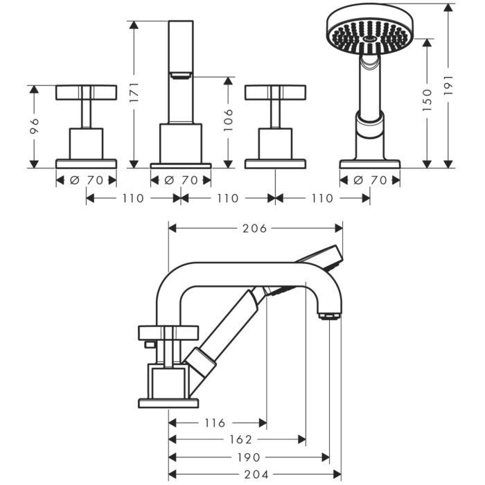 AXOR смеситель на край ванны, с душем, Citterio, шлифованное красное золото арт. 39445310
