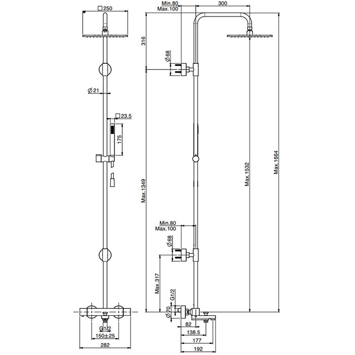 Fima Carlo Frattini душевая стойка, верхний душ 25х25см., с термостатическим смесителем, держателем и ручным душем colonne doccia, чёрный арт. f4954/q255ns