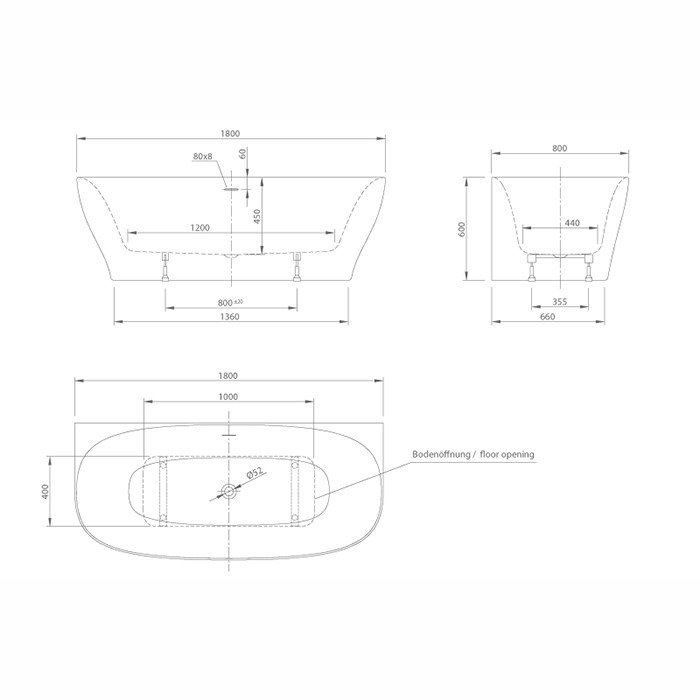 Knief ванна 180х80х60см., с щелевым переливом, Dream, 0100-252 0100-091-06 цвет: белый
