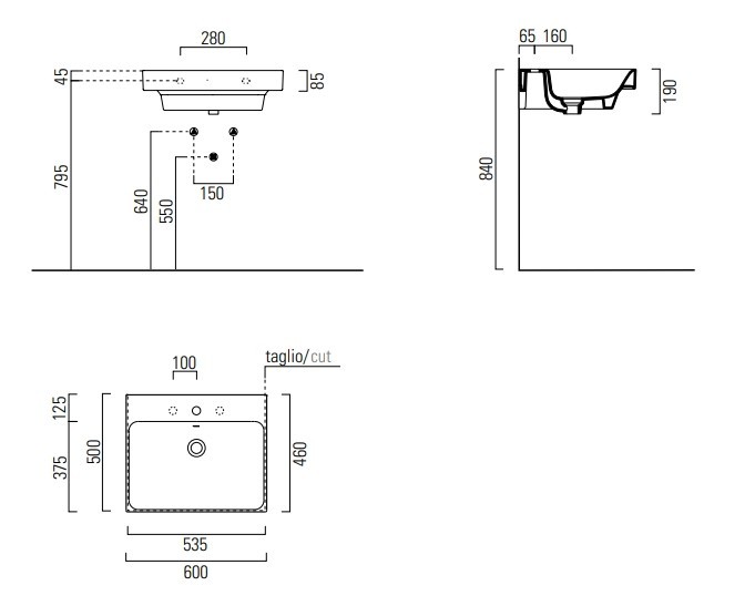 GSI Подвесная раковина 60х50х19 см, санфаянс, с отв. под смеситель, Nubes - 9631111