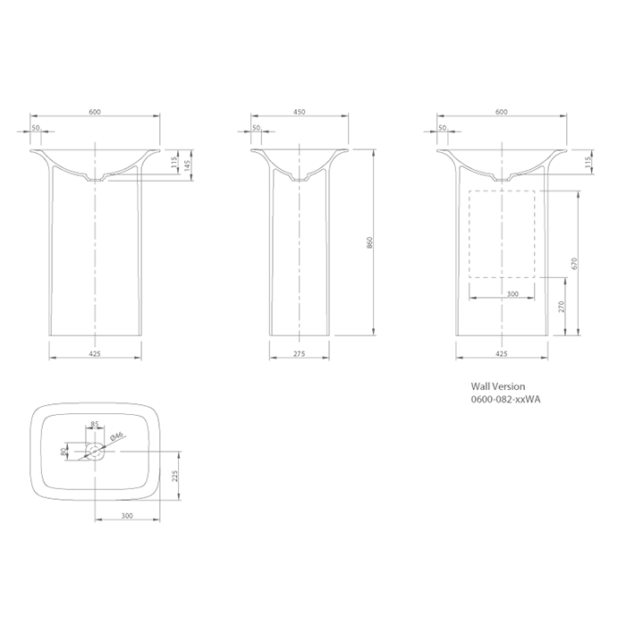 Knief раковина 60х45х86см, напольная, выпуск в стену, Glam, 0600-082-01WA цвет: белый