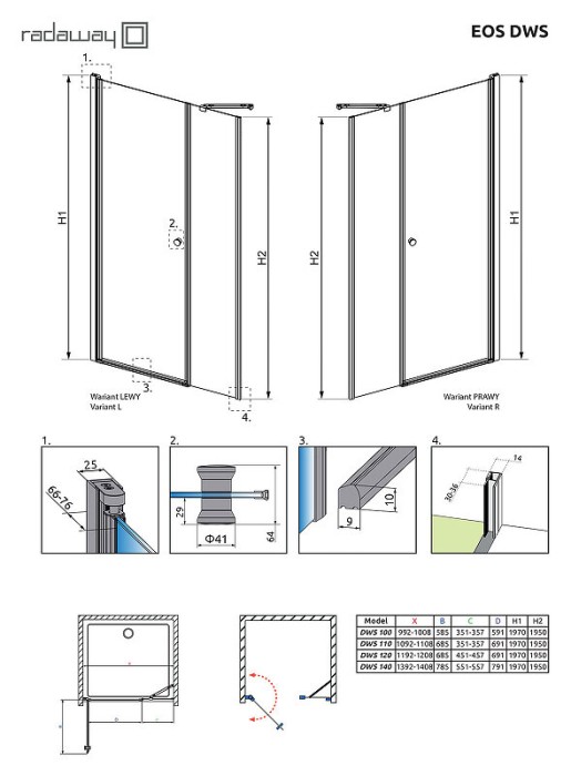Radaway душевая дверь dws 100 профиль хром стекло прозрачное, Eos - 37990-01-01NL