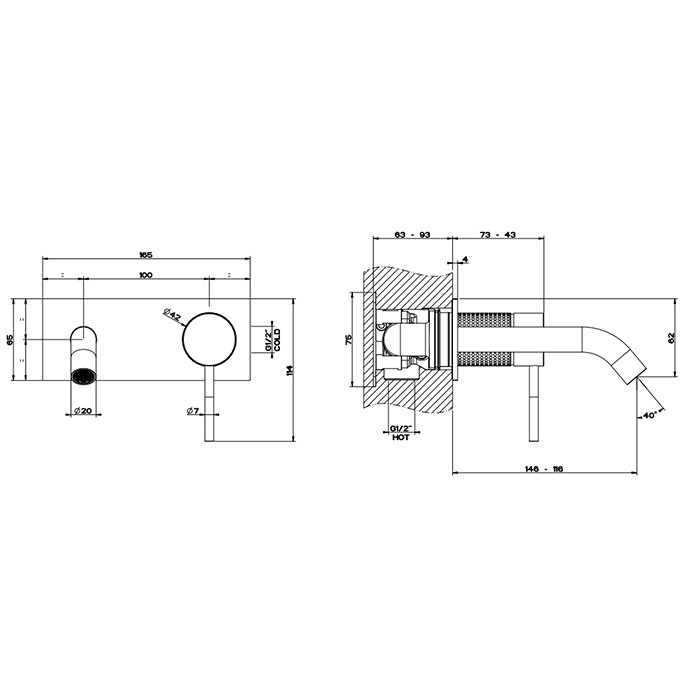 Gessi Встраиваемый смеситель для раковины с изливом 146-116мм, 316, 54488#707 цвет: brushed black metal pvd