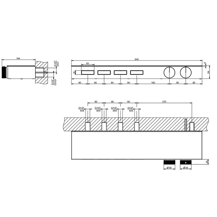 Gessi Термостат для душа, с вкл. до 4 источников одновременно, с полкой из черного мат. стекла, Hi Fi, 63026#707 цвет: black metal brushed pvd