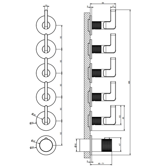 Gessi Смеситель для ванны, настенный, термостатический, на 5 выходов, Inciso, 58340#707 цвет: black metal brushed pvd