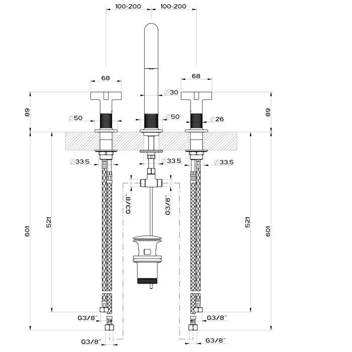 Gessi Смеситель для раковины на 3 отверстия с донным клапаном, излив 160мм, h=240мм, Inciso, 58113#149 цвет: finox