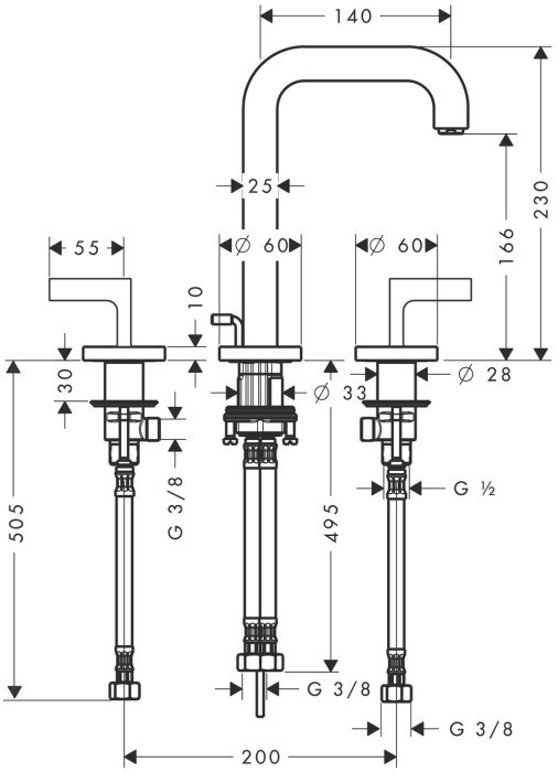 AXOR смеситель для раковины, на 3 отверстия 170, с рычаговыми рукоятками со сливным гарнитуром, Citterio, черный арт. 39135340
