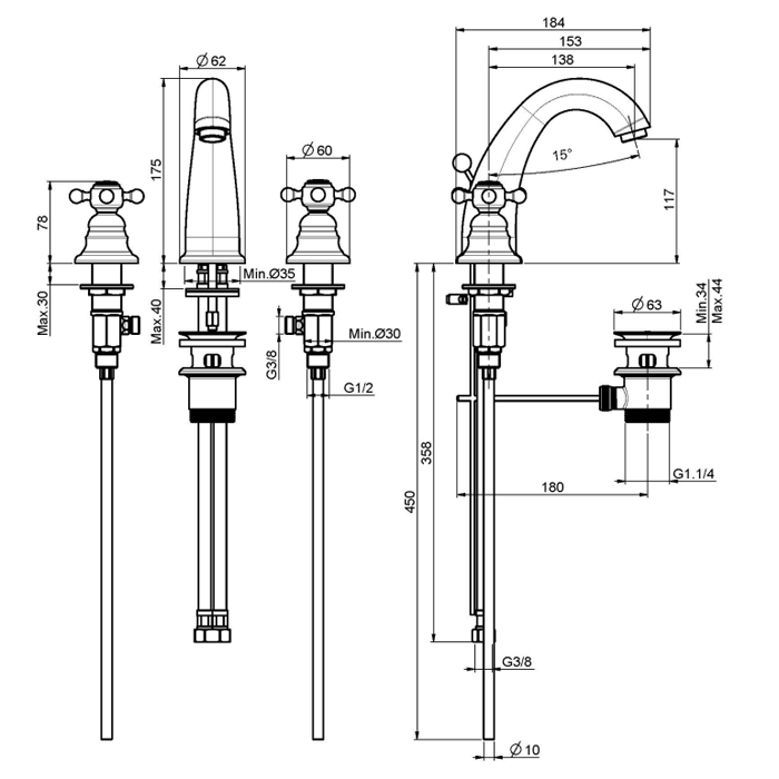 Fima Carlo Frattini смеситель на раковину на 3 отверстия, elizabeth, бронза арт. f5101br