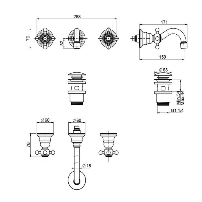 Fima Carlo Frattini смеситель настенный на 3 отверстия, elizabeth, хром арт. f5081/5cr