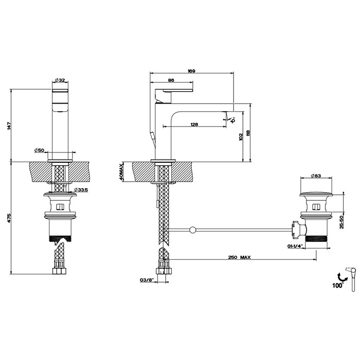 Gessi Смеситель для раковины, на 1 отв, с донным клапаном, Emporio Via manzoni, 38602#031 цвет: хром