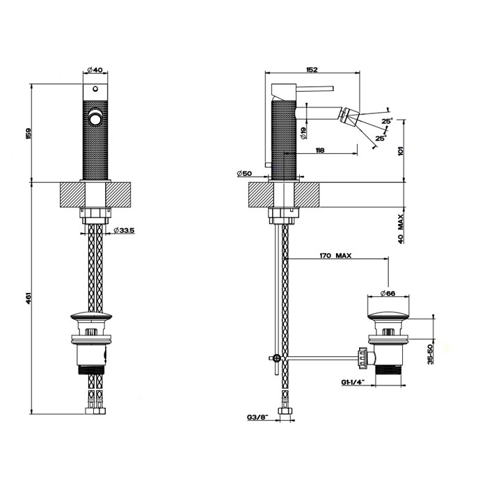 Gessi Смеситель однорычажный для биде с донным клапаном, Cesello, 54407#239 цвет: шлифованная сталь