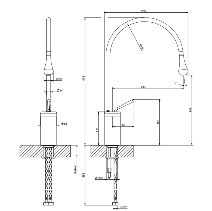 Gessi Смеситель для раковины на 1 отверстие, высокий, излив 244мм R=125, Goccia, 33605#147 цвет: шлифованный хром