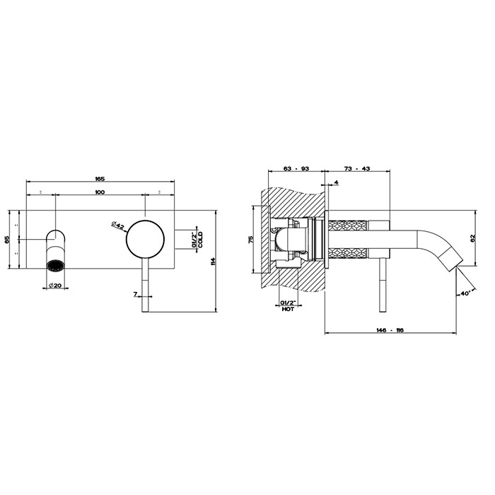 Gessi Встраиваемый смеситель для раковины с изливом 146-116мм, 316, 54188#707 цвет: brushed black metal pvd