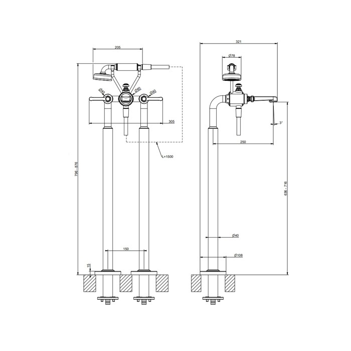 Gessi Смеситель для ванны напольный, двухвентильный, с ручным душем и шлангом 1500 мм., внешняя часть, Venti20, 65128#299 цвет: черный матовый