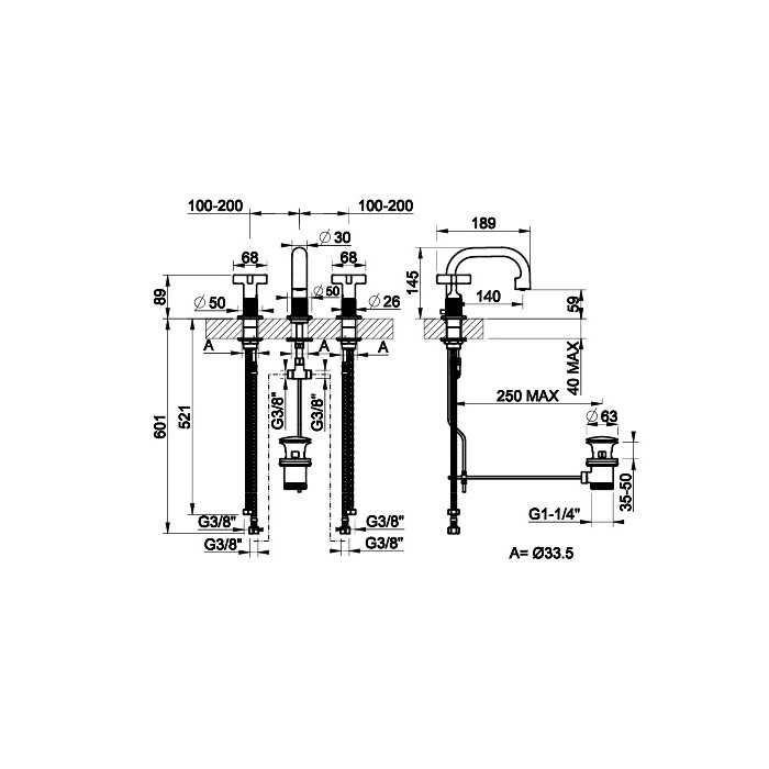Gessi Смеситель для раковины на 3 отверстия с донным клапаном, излив 140мм, h=145мм, Inciso, 58111#149 цвет: finox