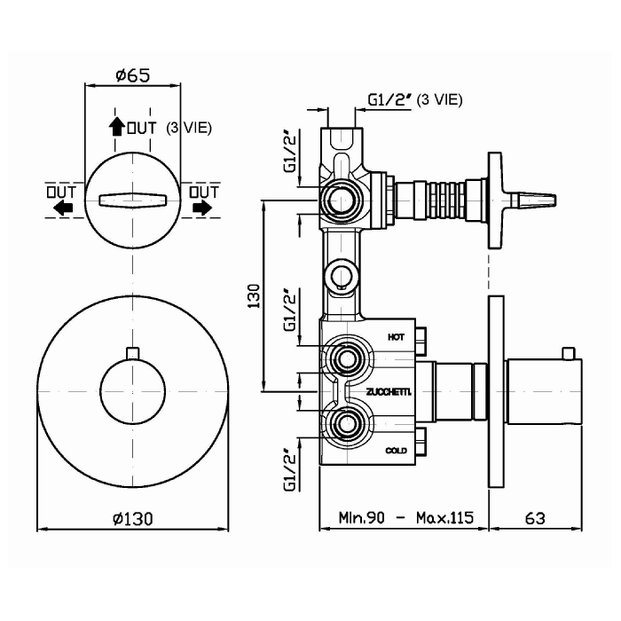 Zucchetti термостатический смеситель, для скрытого монтажа 1/2”, двухходовой дивертер, isyfresh, хром арт. zd4646 r97810