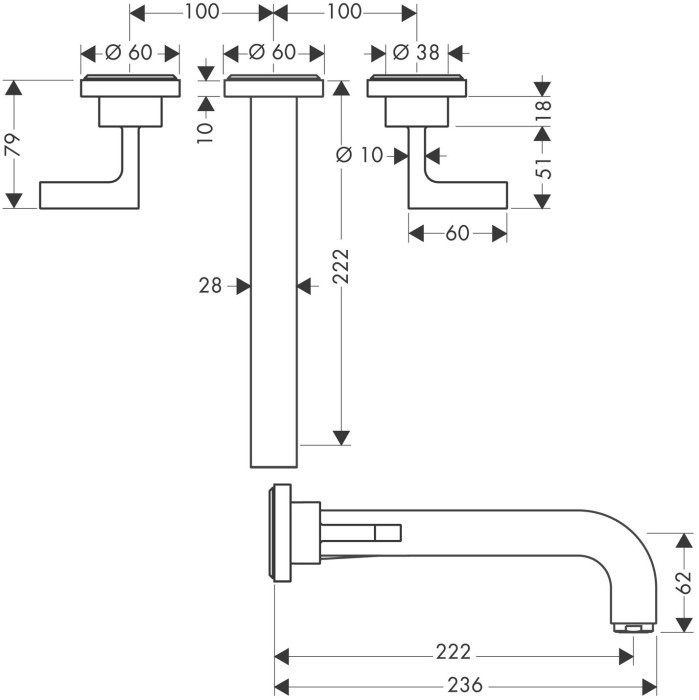 AXOR смеситель для раковины, на 3 отверстия, скрытого монтажа, с изливом 222 мм, Citterio, бронза арт. 39147140