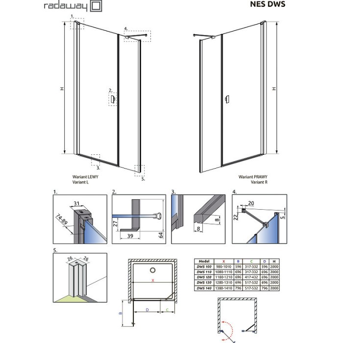 Radaway душевая дверь dws i 130 r профиль хром стекло прозрачное, Nes - 10028130-01-01R