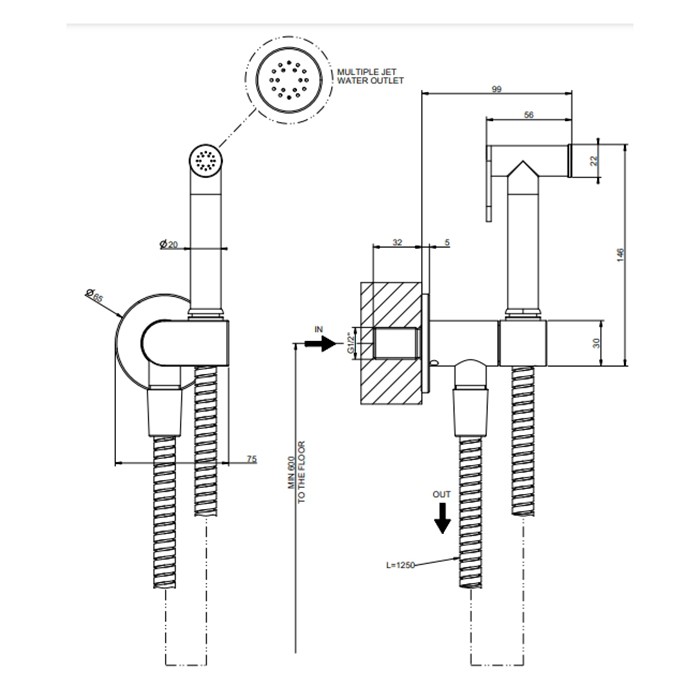 Gessi Гигиенический душ, шланг 125см., Origini, 45126#707 цвет: black metal brushed   pvd