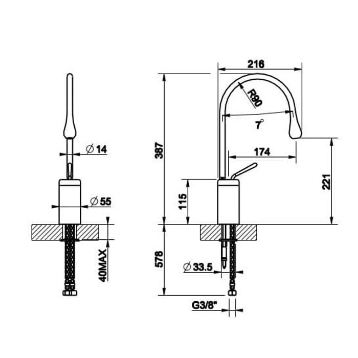 Gessi Смеситель для раковины на 1 отверстие, высокий, излив 174мм R=90, Goccia, 33604#299 цвет: черный