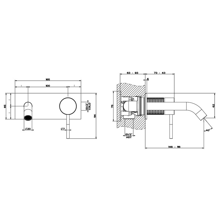 Gessi Встраиваемый смеситель для раковины с изливом 146-116мм, 316, 54288#707 цвет: brushed black metal pvd
