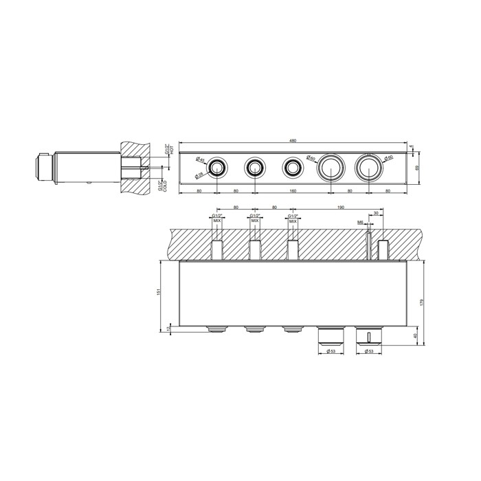 Gessi Смеситель для душа настенный встраиваемый, термостатический, с полкой, с 3 запорными кнопками, Hi Fi Eclectic, 65254#031 цвет: хром