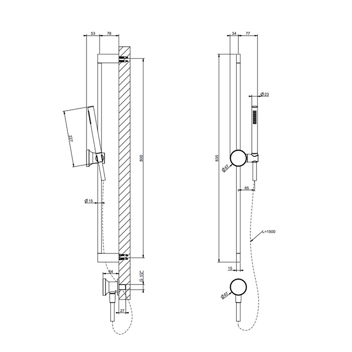 Gessi Штанга в комплекте с душевой лейкой, шланг 150см и вывод воды, с вставкой, Origini, 66142#707 цвет: black metal brushed pvd