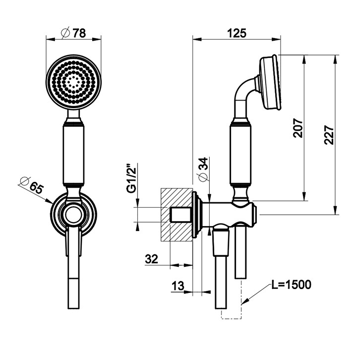 Gessi Комплект для душа с ручным душем, шлангом 150см., держателем с подводом воды, Venti20, 65123#720 цвет: nickel pvd
