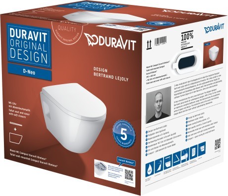 Duravit унитаз подвесной + сиденье rimless 370 мм х 480 мм, с вертикальным смывом, без смывного края, с креплением durafix, d-neo, 45870900a1 цвет: белый