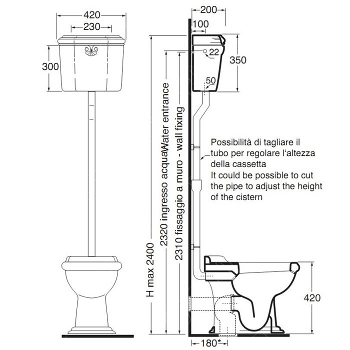 Azzurra унитаз напольный 59х40см слив в стену, с высоким бачком, Azzurra, JUVCTPB00000BI/(JUB100/P bi) JUCSAL000000BI/(JUB400/C bi) B1900TC cr цвет: белый/хром