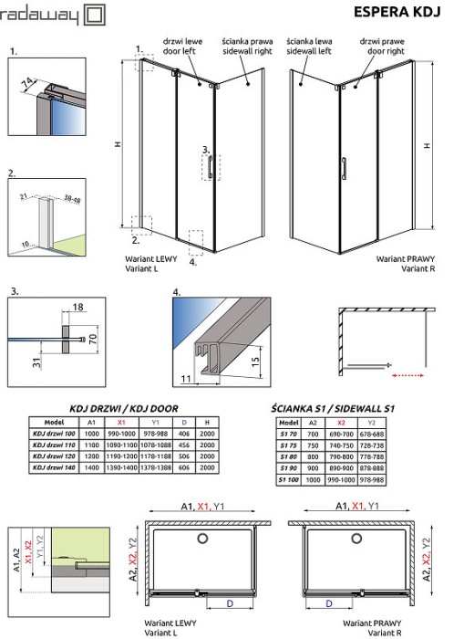 Radaway душевая стенка kdj 90 профиль хром стекло прозрачное, Espera - 380149-01L