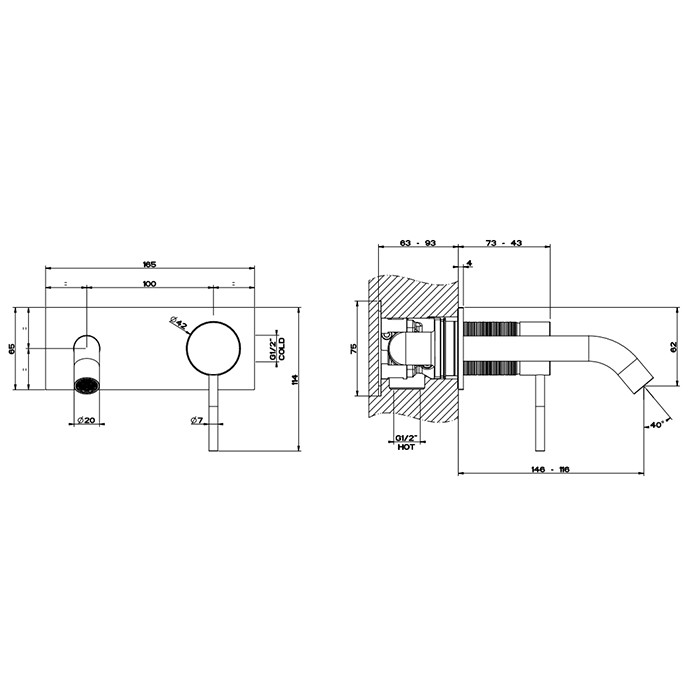 Gessi Встраиваемый смеситель для раковины с изливом 146-116мм, 316, 54388#707 цвет: brushed black metal pvd